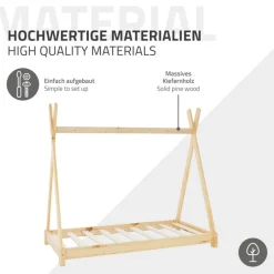 Kinderbett Tipi 70x140 cm aus Kiefernholz inkl. Matratze H-10cm Holzbett mit Lattenrost ML-Design-ECD Germany Hot