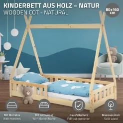 Kinderbett Tipi 80x160 cm aus Kiefernholz inkl. Matratze H-10cm Rausfallschutz und Lattenrost ML-Design-ECD Germany Online