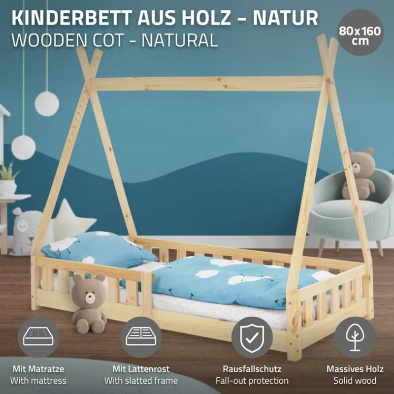 Kinderbett Tipi 80x160 cm aus Kiefernholz inkl. Matratze H-10cm Rausfallschutz und Lattenrost ML-Design-ECD Germany Online