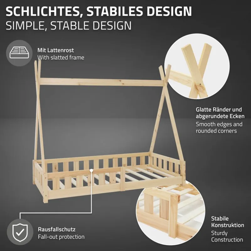 Kinderbett Tipi 80x160 cm aus Kiefernholz inkl. Matratze H-10cm Rausfallschutz und Lattenrost ML-Design-ECD Germany Online