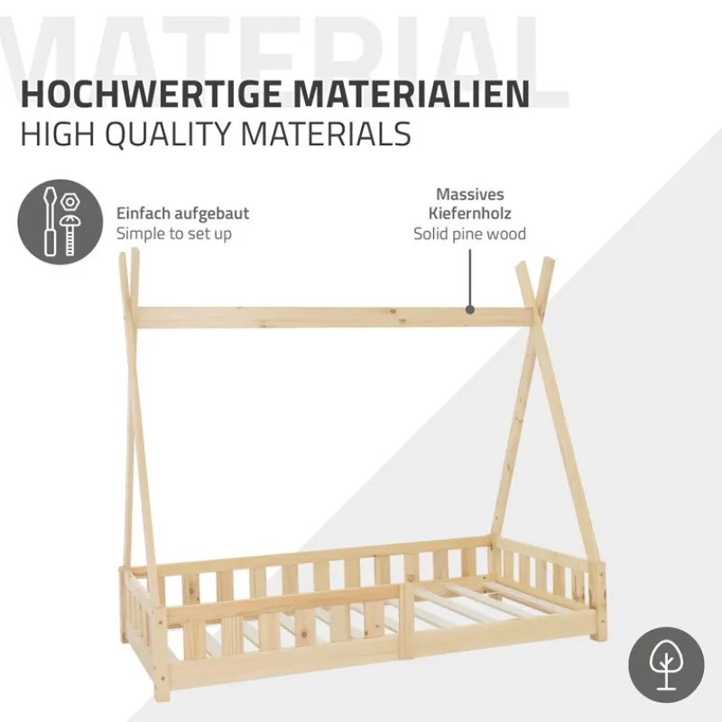 Kinderbett Tipi 80x160 cm aus Kiefernholz inkl. Matratze H-10cm Rausfallschutz und Lattenrost ML-Design-ECD Germany Online