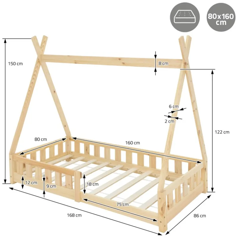Kinderbett Tipi 80x160 cm aus Kiefernholz inkl. Matratze H-10cm Rausfallschutz und Lattenrost ML-Design-ECD Germany Online