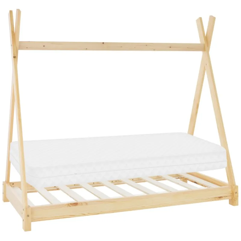 Kinderbett Tipi 80x160 cm aus Kiefernholz inkl. Matratze H-10cm Holzbett mit Lattenrost ML-Design-ECD Germany Best