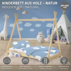 Kinderbett Tipi 80x160 cm aus Kiefernholz inkl. Matratze H-10cm Holzbett mit Lattenrost ML-Design-ECD Germany Best