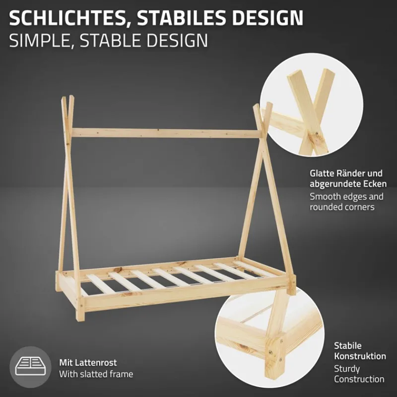 Kinderbett Tipi 80x160 cm aus Kiefernholz inkl. Matratze H-10cm Holzbett mit Lattenrost ML-Design-ECD Germany Best