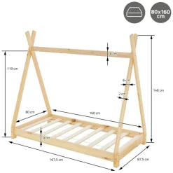 Kinderbett Tipi 80x160 cm aus Kiefernholz inkl. Matratze H-10cm Holzbett mit Lattenrost ML-Design-ECD Germany Best