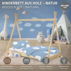 Kinderbett Tipi 80x160 cm aus Kiefernholz Holzbett mit Lattenrost ML-Design-ECD Germany Online