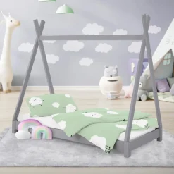 Kinderbett Tipi 70x140 cm Hellgrau aus Kiefernholz Holzbett mit Lattenrost ML-Design-ECD Germany Clearance