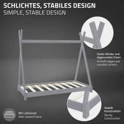 Kinderbett Tipi 70x140 cm Hellgrau aus Kiefernholz Holzbett mit Lattenrost ML-Design-ECD Germany Clearance