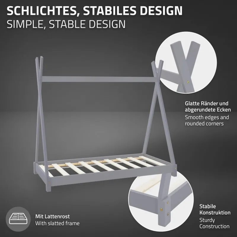 Kinderbett Tipi 70x140 cm Hellgrau aus Kiefernholz Holzbett mit Lattenrost ML-Design-ECD Germany Clearance