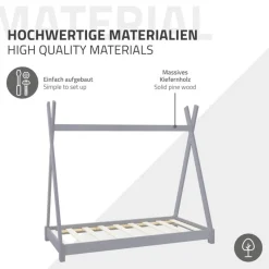 Kinderbett Tipi 70x140 cm Hellgrau aus Kiefernholz Holzbett mit Lattenrost ML-Design-ECD Germany Clearance