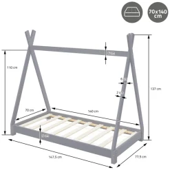 Kinderbett Tipi 70x140 cm Hellgrau aus Kiefernholz Holzbett mit Lattenrost ML-Design-ECD Germany Clearance