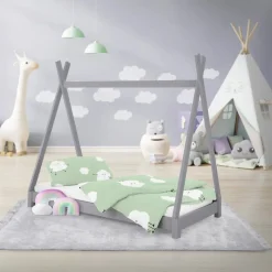 Kinderbett Tipi 70x140 cm Hellgrau aus Kiefernholz Holzbett mit Lattenrost ML-Design-ECD Germany Clearance
