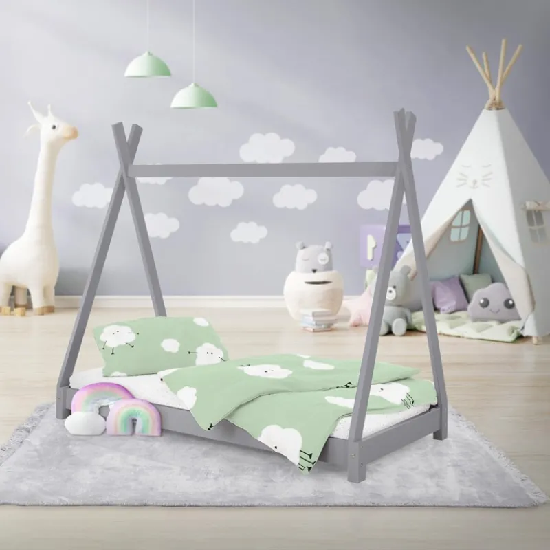 Kinderbett Tipi 70x140 cm Hellgrau aus Kiefernholz Holzbett mit Lattenrost ML-Design-ECD Germany Clearance