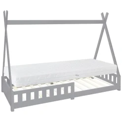 Kinderbett Tipi 90x200 cm Hellgrau aus Kiefernholz inkl. Matratze H-16cm Rausfallschutz und Lattenrost ML-Design-ECD Germany Clearance