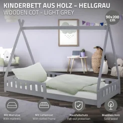 Kinderbett Tipi 90x200 cm Hellgrau aus Kiefernholz inkl. Matratze H-16cm Rausfallschutz und Lattenrost ML-Design-ECD Germany Clearance