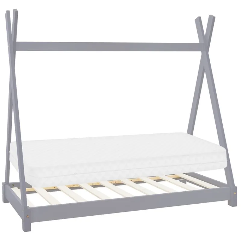 Kinderbett Tipi 80x160 cm Hellgrau aus Kiefernholz inkl. Matratze H-10cm Holzbett mit Lattenrost ML-Design-ECD Germany Outlet