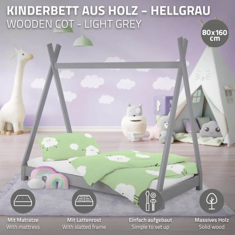 Kinderbett Tipi 80x160 cm Hellgrau aus Kiefernholz inkl. Matratze H-10cm Holzbett mit Lattenrost ML-Design-ECD Germany Outlet