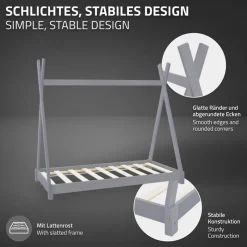 Kinderbett Tipi 80x160 cm Hellgrau aus Kiefernholz inkl. Matratze H-10cm Holzbett mit Lattenrost ML-Design-ECD Germany Outlet