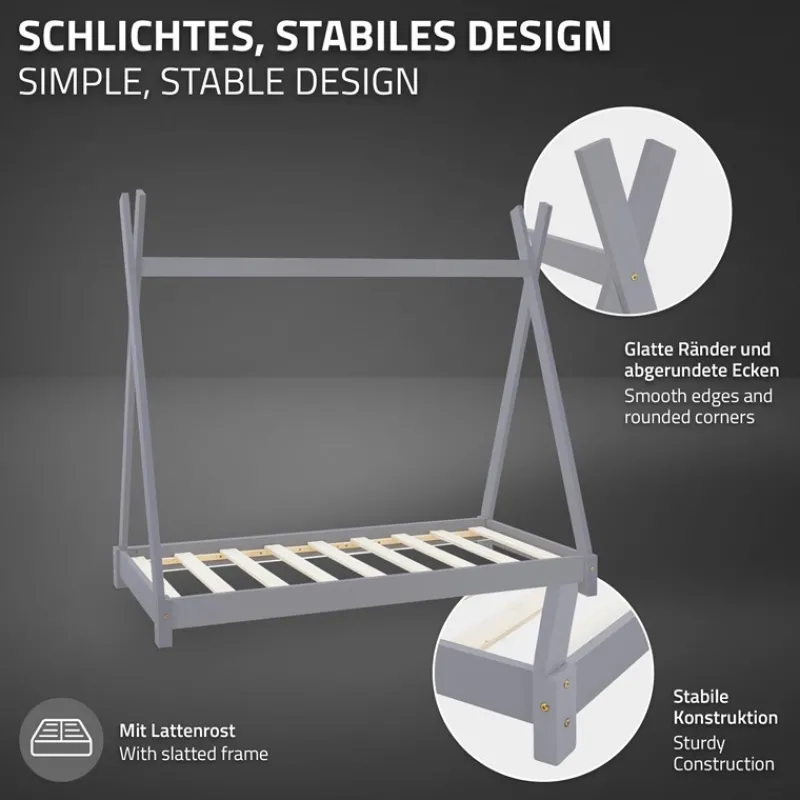 Kinderbett Tipi 80x160 cm Hellgrau aus Kiefernholz inkl. Matratze H-10cm Holzbett mit Lattenrost ML-Design-ECD Germany Outlet