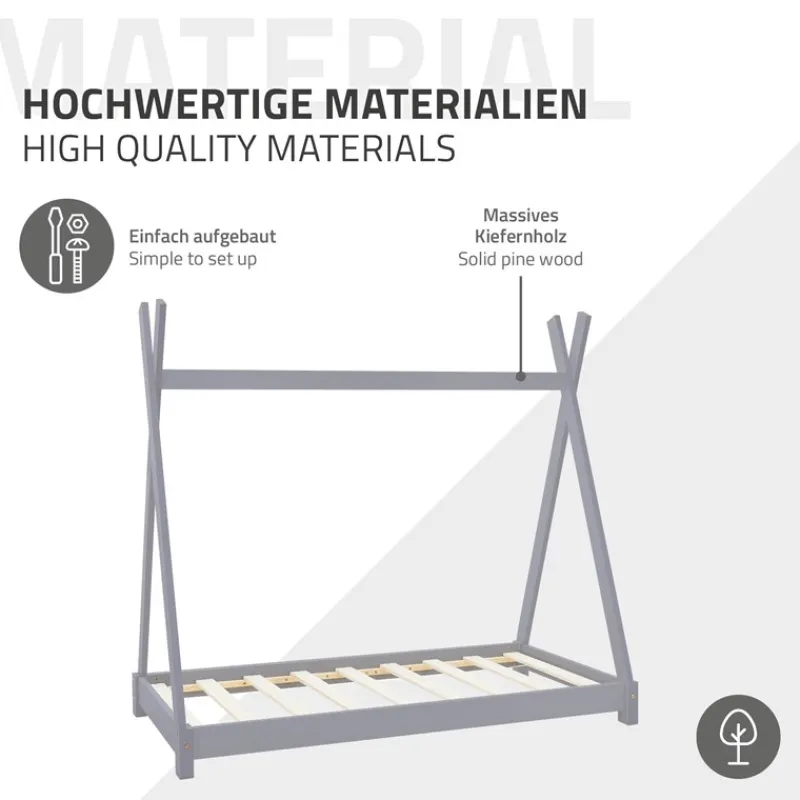 Kinderbett Tipi 80x160 cm Hellgrau aus Kiefernholz inkl. Matratze H-10cm Holzbett mit Lattenrost ML-Design-ECD Germany Outlet