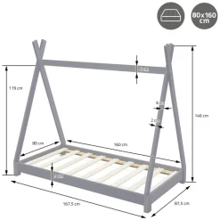 Kinderbett Tipi 80x160 cm Hellgrau aus Kiefernholz inkl. Matratze H-10cm Holzbett mit Lattenrost ML-Design-ECD Germany Outlet