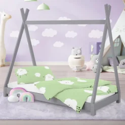 Kinderbett Tipi 80x160 cm Hellgrau aus Kiefernholz Holzbett mit Lattenrost ML-Design-ECD Germany Outlet