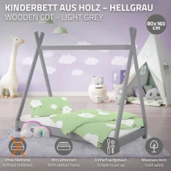 Kinderbett Tipi 80x160 cm Hellgrau aus Kiefernholz Holzbett mit Lattenrost ML-Design-ECD Germany Outlet