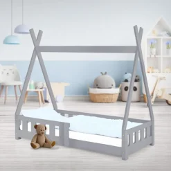 Kinderbett Tipi 70x140 cm Hellgrau aus Kiefernholz mit Rausfallschutz und Lattenrost Holzbett ML-Design-ECD Germany Sale