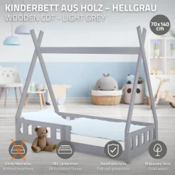 Kinderbett Tipi 70x140 cm Hellgrau aus Kiefernholz mit Rausfallschutz und Lattenrost Holzbett ML-Design-ECD Germany Sale
