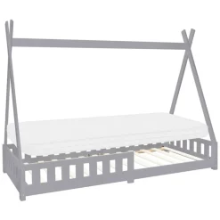 Kinderbett Tipi 90x200 cm Hellgrau aus Kiefernholz inkl. Matratze H-10cm Rausfallschutz und Lattenrost ML-Design-ECD Germany Hot