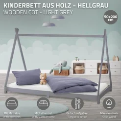Kinderbett Tipi 90x200 cm Hellgrau aus Kiefernholz inkl. Matratze H-10cm Holzbett mit Lattenrost ML-Design-ECD Germany Outlet