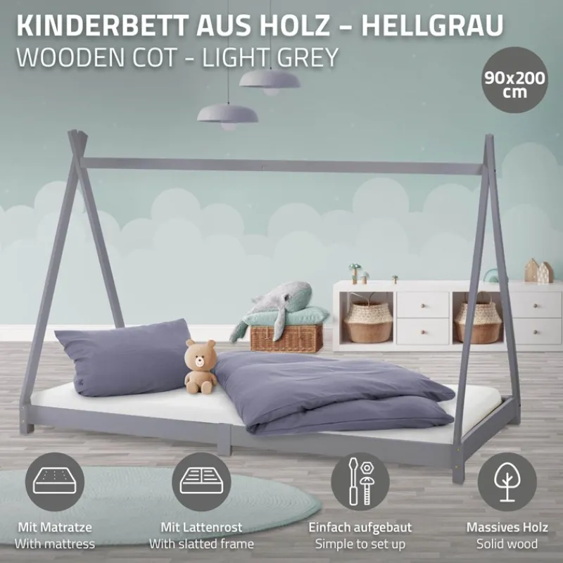 Kinderbett Tipi 90x200 cm Hellgrau aus Kiefernholz inkl. Matratze H-10cm Holzbett mit Lattenrost ML-Design-ECD Germany Outlet