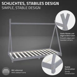 Kinderbett Tipi 90x200 cm Hellgrau aus Kiefernholz inkl. Matratze H-10cm Holzbett mit Lattenrost ML-Design-ECD Germany Outlet