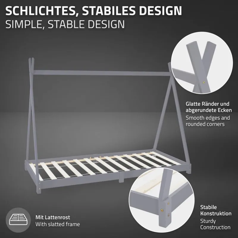 Kinderbett Tipi 90x200 cm Hellgrau aus Kiefernholz inkl. Matratze H-10cm Holzbett mit Lattenrost ML-Design-ECD Germany Outlet