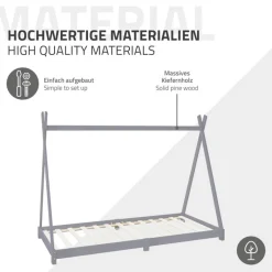 Kinderbett Tipi 90x200 cm Hellgrau aus Kiefernholz inkl. Matratze H-10cm Holzbett mit Lattenrost ML-Design-ECD Germany Outlet