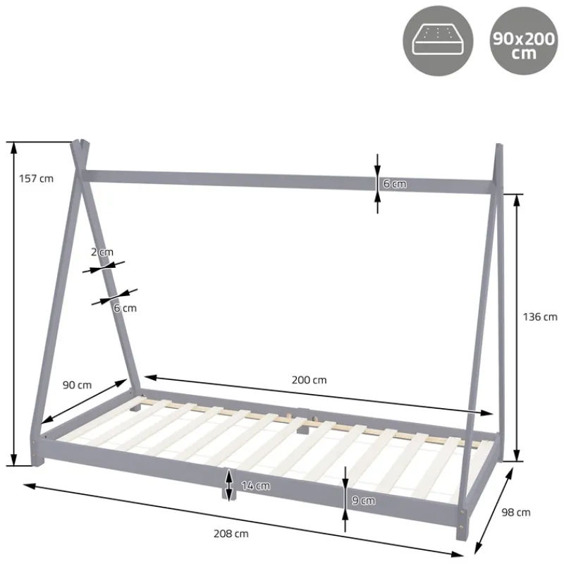 Kinderbett Tipi 90x200 cm Hellgrau aus Kiefernholz inkl. Matratze H-10cm Holzbett mit Lattenrost ML-Design-ECD Germany Outlet