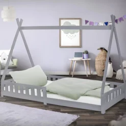 Kinderbett Tipi 90x200 cm Hellgrau aus Kiefernholz mit Rausfallschutz und Lattenrost Holzbett ML-Design-ECD Germany Best