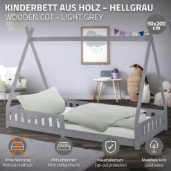 Kinderbett Tipi 90x200 cm Hellgrau aus Kiefernholz mit Rausfallschutz und Lattenrost Holzbett ML-Design-ECD Germany Best
