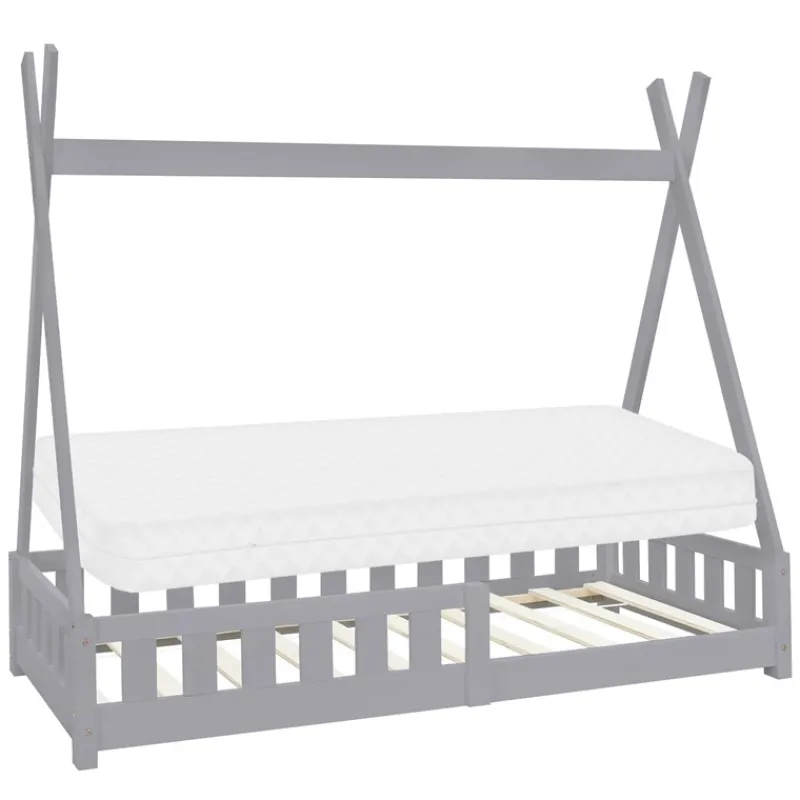 Kinderbett Tipi 80x160 cm Hellgrau aus Kiefernholz inkl. Matratze H-10cm Rausfallschutz und Lattenrost ML-Design-ECD Germany Sale