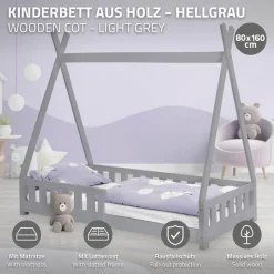 Kinderbett Tipi 80x160 cm Hellgrau aus Kiefernholz inkl. Matratze H-10cm Rausfallschutz und Lattenrost ML-Design-ECD Germany Sale