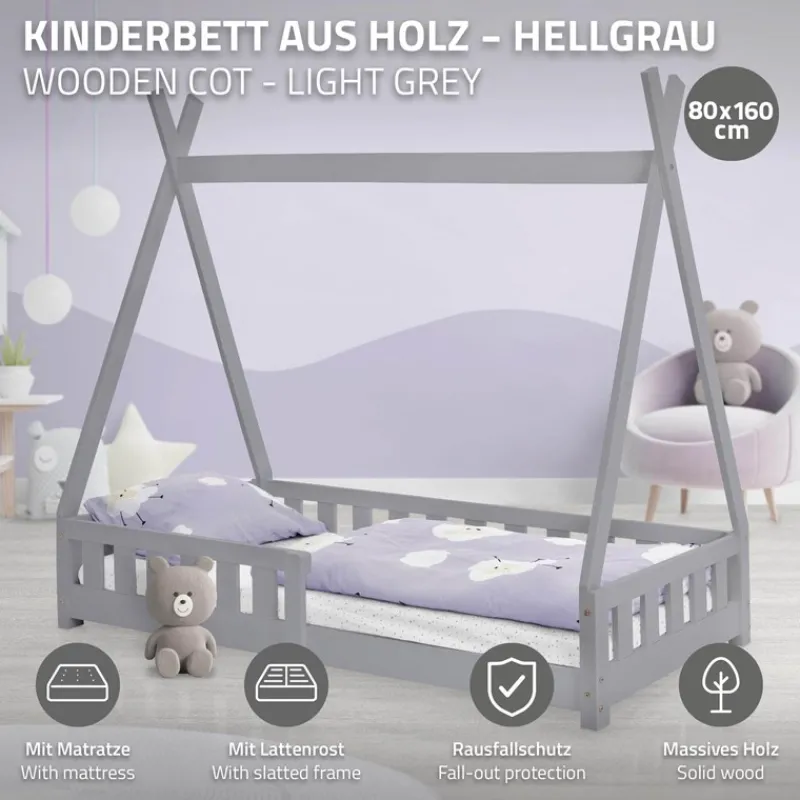 Kinderbett Tipi 80x160 cm Hellgrau aus Kiefernholz inkl. Matratze H-10cm Rausfallschutz und Lattenrost ML-Design-ECD Germany Sale