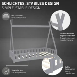 Kinderbett Tipi 80x160 cm Hellgrau aus Kiefernholz inkl. Matratze H-10cm Rausfallschutz und Lattenrost ML-Design-ECD Germany Sale