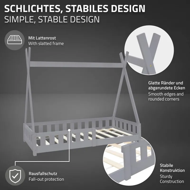 Kinderbett Tipi 80x160 cm Hellgrau aus Kiefernholz inkl. Matratze H-10cm Rausfallschutz und Lattenrost ML-Design-ECD Germany Sale