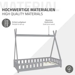 Kinderbett Tipi 80x160 cm Hellgrau aus Kiefernholz inkl. Matratze H-10cm Rausfallschutz und Lattenrost ML-Design-ECD Germany Sale