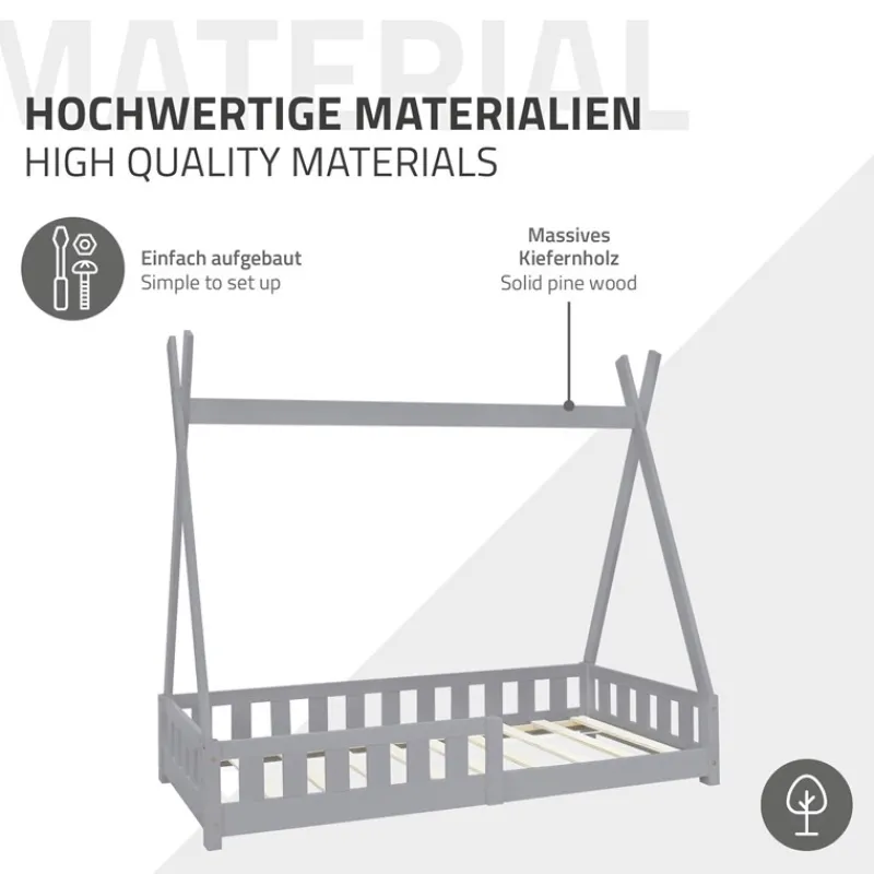 Kinderbett Tipi 80x160 cm Hellgrau aus Kiefernholz inkl. Matratze H-10cm Rausfallschutz und Lattenrost ML-Design-ECD Germany Sale