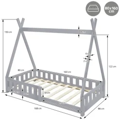 Kinderbett Tipi 80x160 cm Hellgrau aus Kiefernholz inkl. Matratze H-10cm Rausfallschutz und Lattenrost ML-Design-ECD Germany Sale