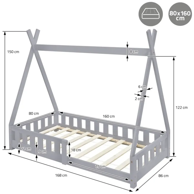 Kinderbett Tipi 80x160 cm Hellgrau aus Kiefernholz inkl. Matratze H-10cm Rausfallschutz und Lattenrost ML-Design-ECD Germany Sale
