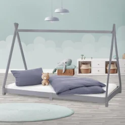 Kinderbett Tipi 90x200 cm Hellgrau aus Kiefernholz Holzbett mit Lattenrost ML-Design-ECD Germany Online