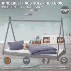 Kinderbett Tipi 90x200 cm Hellgrau aus Kiefernholz Holzbett mit Lattenrost ML-Design-ECD Germany Online
